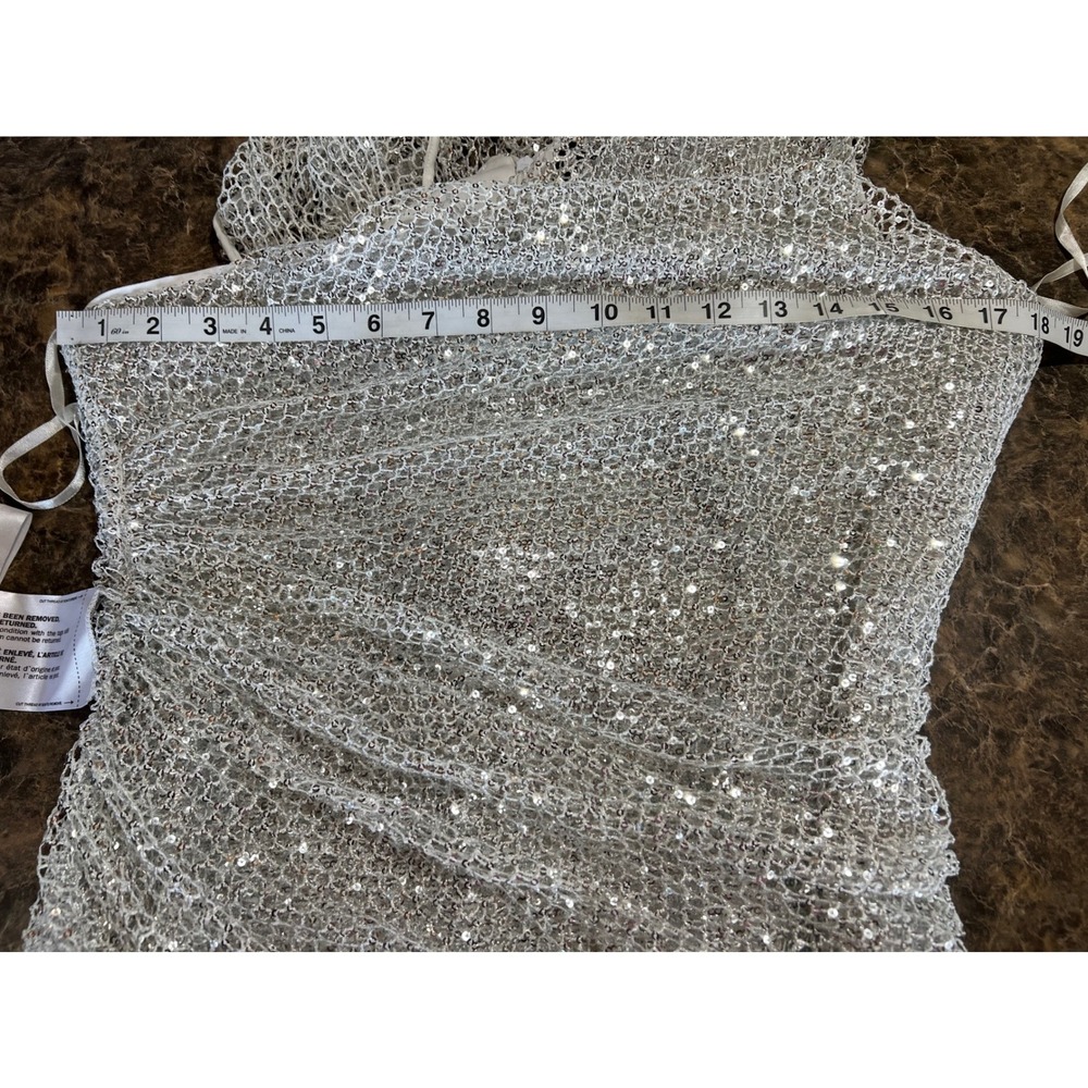 Maeve Reilly x BCBGMAXAZRIA Santa Monica Asymmetric Bodycon Mini Dress Silver 8 - Picture 4 of 13